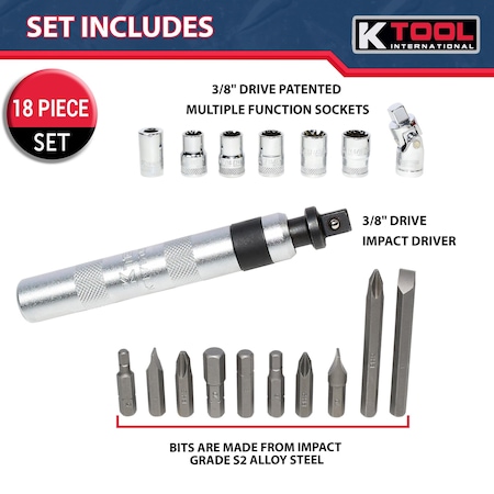 K-Tool International 18-Piece 3/8 Drive Impact Driver Set With Multi- KTI71717